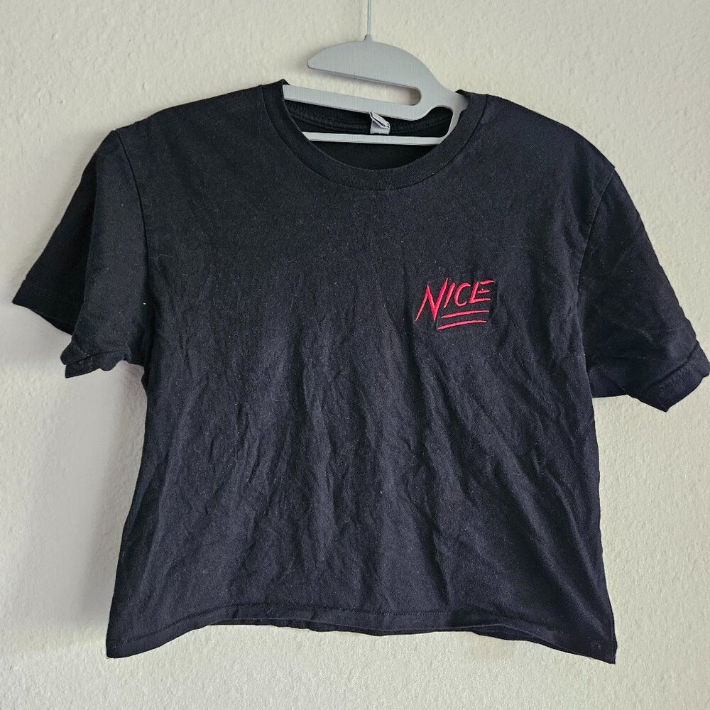 Black Nice Embroidered Short Sleeve Crop Top Tee XS Extra Small